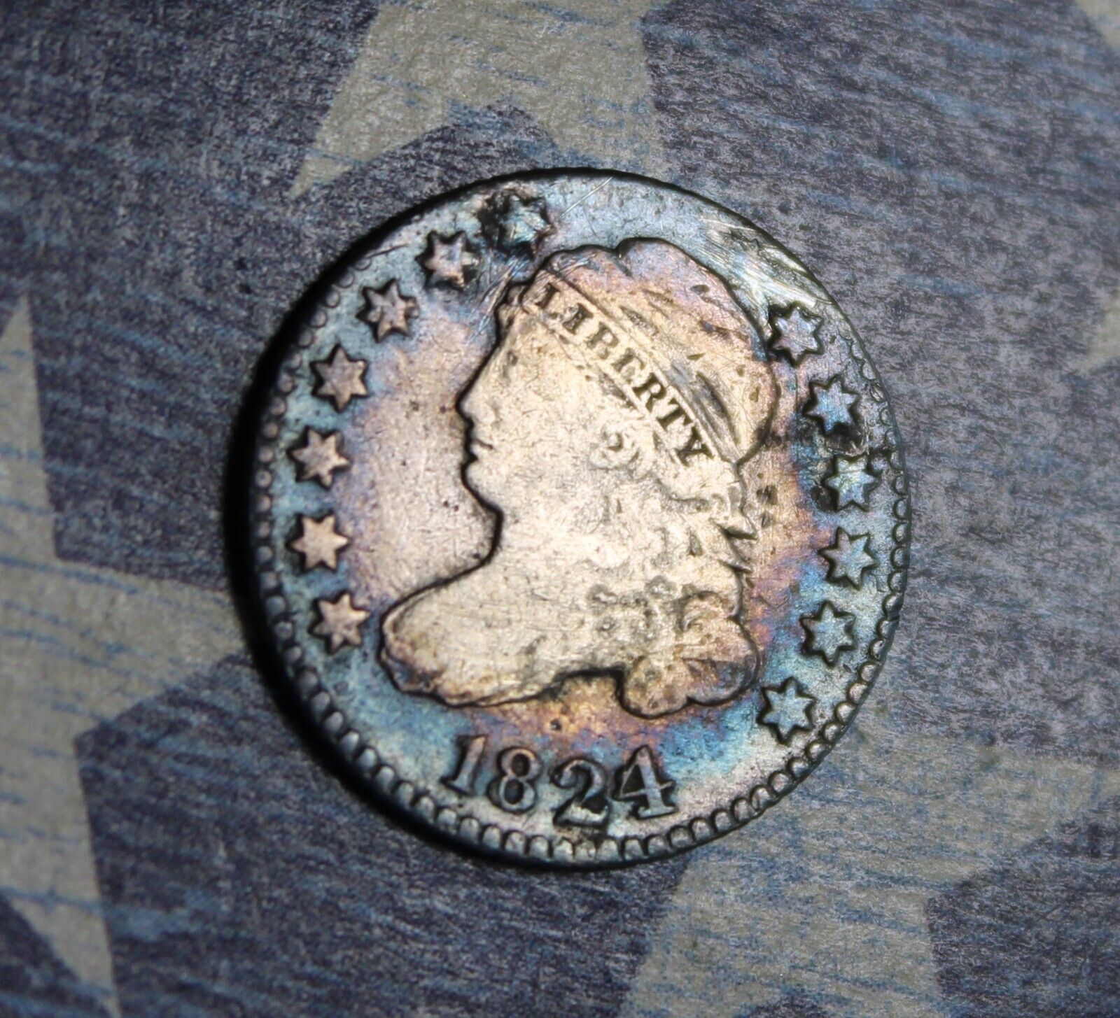 1824/2 Capped Bust Silver Dime Toned Collector Coin. ***free Shipping***