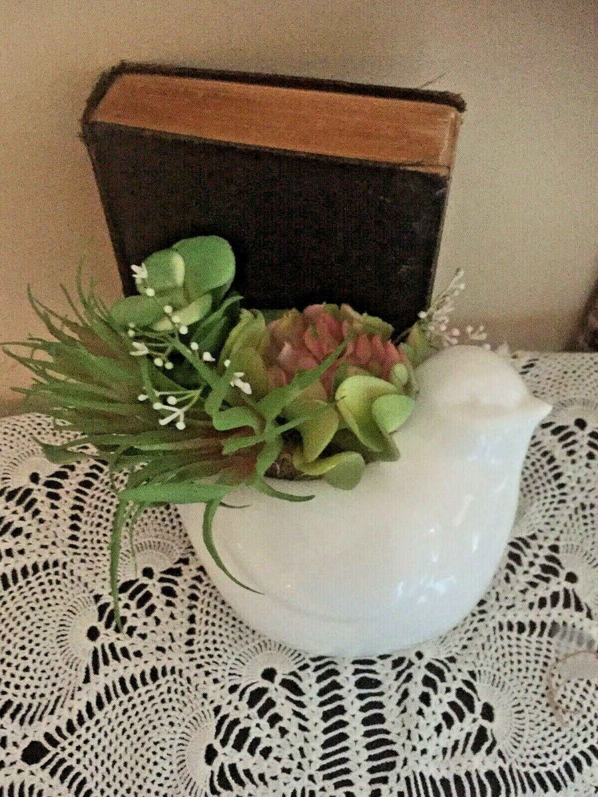 Shabby White Bird Shaped Wall Pocket With Faux Succulents