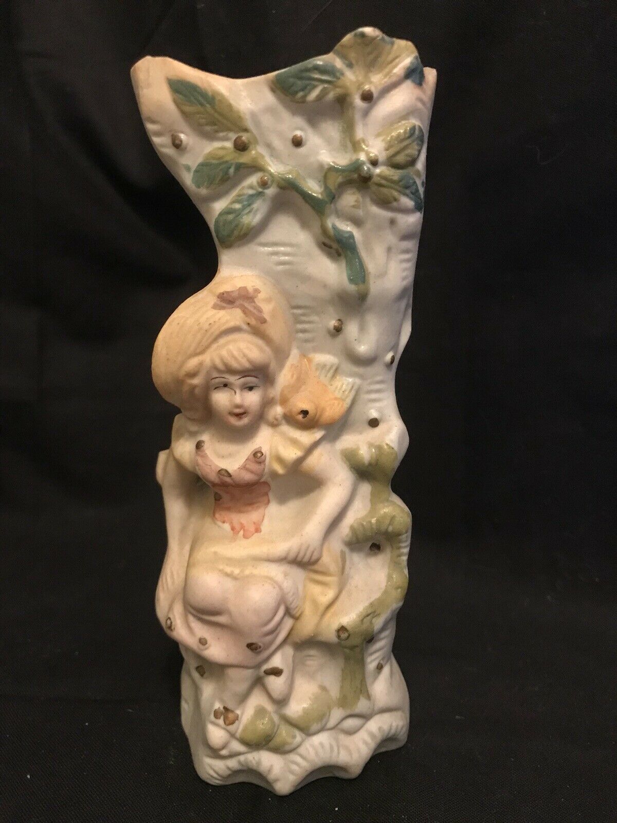 Vintage Wall Pocket Bud Vase Girl Sitting With Bird  By Tree. Hand Painted Japan