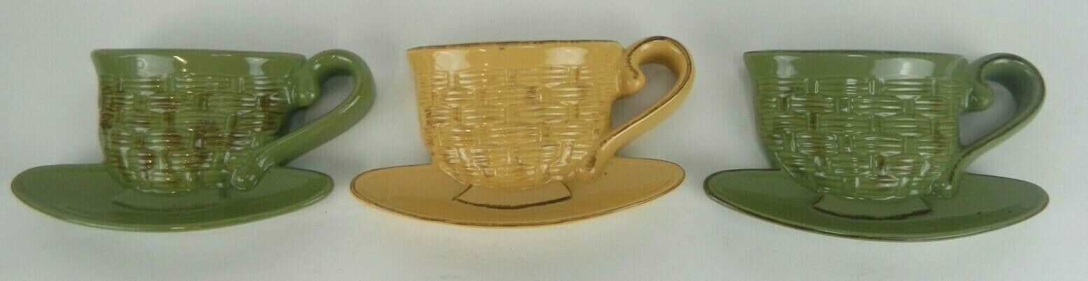 3 Coffee Cup Wall Decor Pocket Planters Basket Weave Green & Yellow Asp 2004