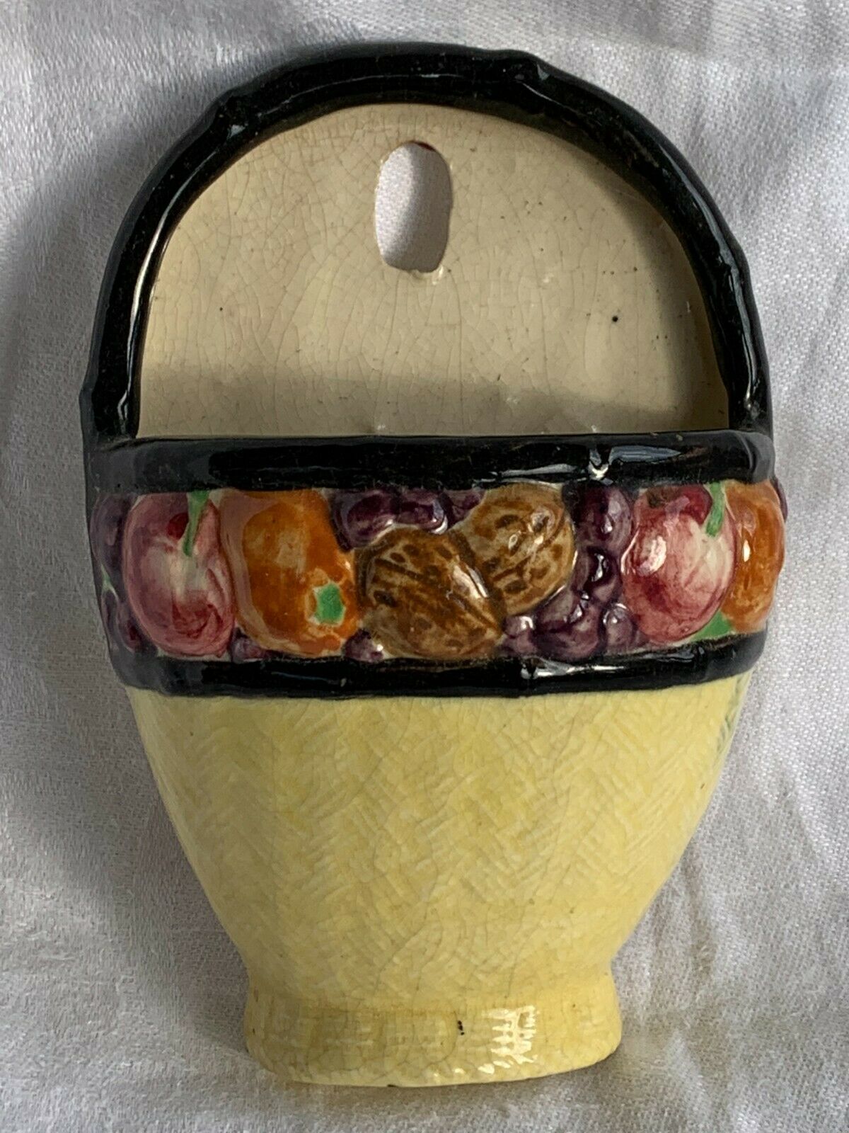 Yellow Basket Made In Japan Pottery Wall Pocket Hanging Vase Planter Black Trim